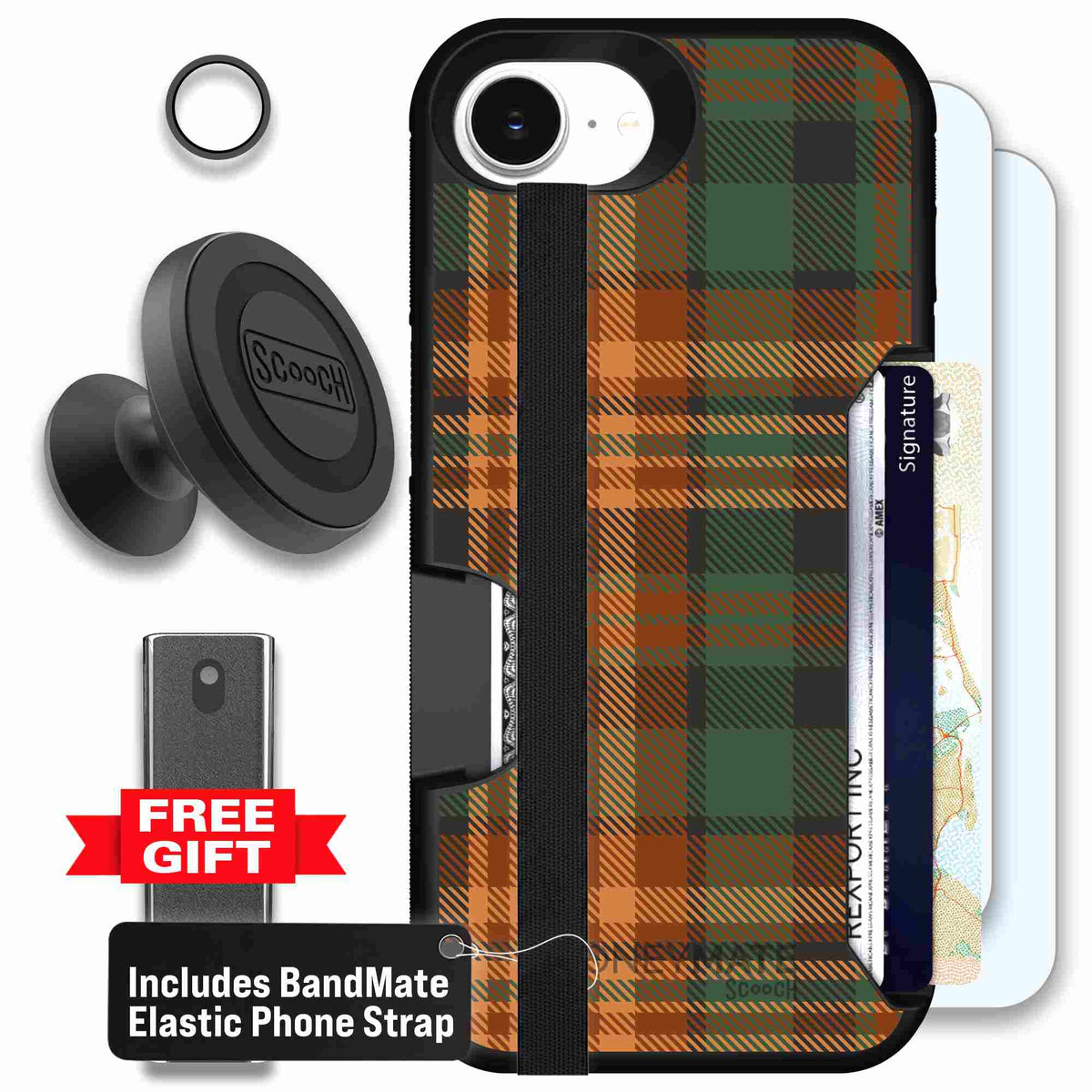 Fall Flannel orange and brown plaid pattern on a scoochzza Moneymate case for iPhone 17e - Defender Bundle