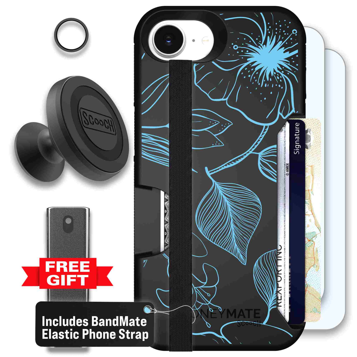 Blue Hibiscus cyan-blue tropical flower pattern on a charcoal scoochzza Moneymate case for iPhone 17e - Defender Bundle