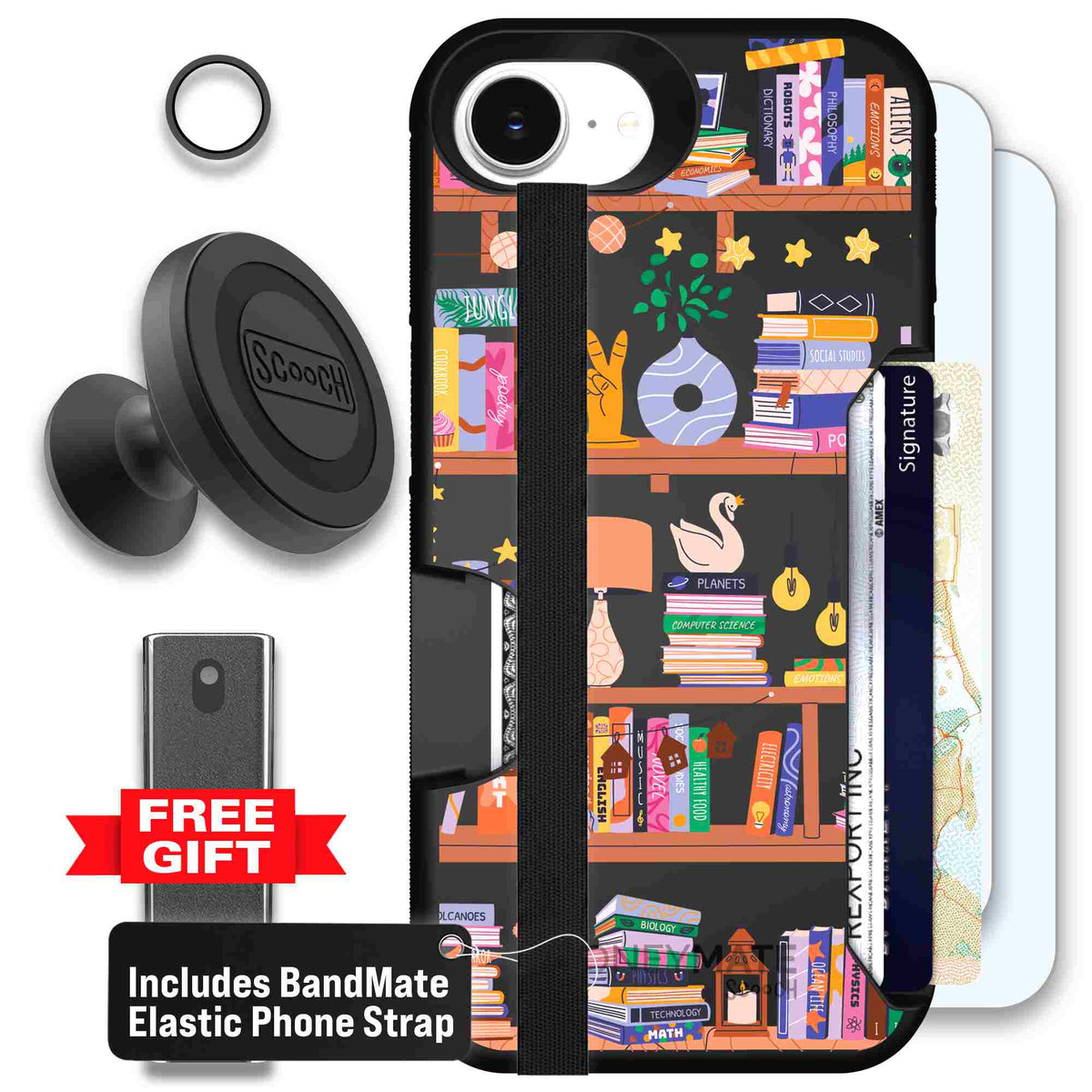 Little Library colorful book and bookshelf pattern on a scoochzza Moneymate case for iPhone 17e - Defender Bundle