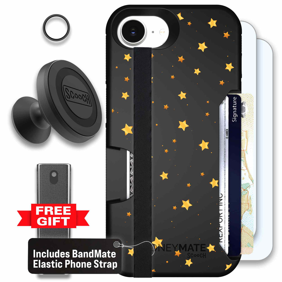 Gold Stars yellow and gold star pattern on a charcoal scoochzza Moneymate case for iPhone 17e - Defender Bundle