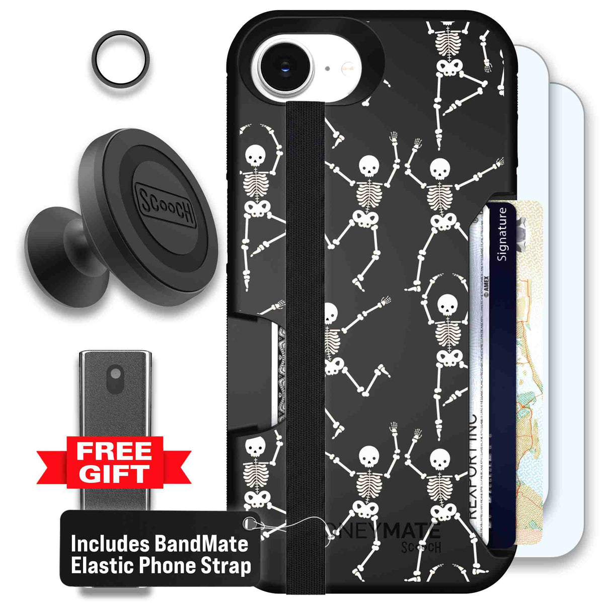 Swinging Skeletons white dancing skeleton pattern on a black scoochzza Moneymate case for iPhone 17e - Defender Bundle