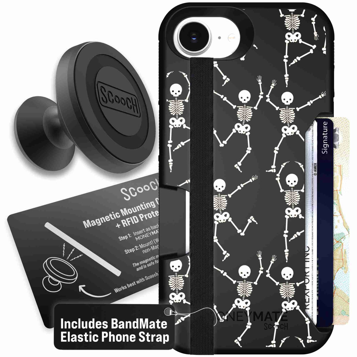 Swinging Skeletons white dancing skeleton pattern on a black scoochzza Moneymate case for iPhone 17e - Starter Bundle