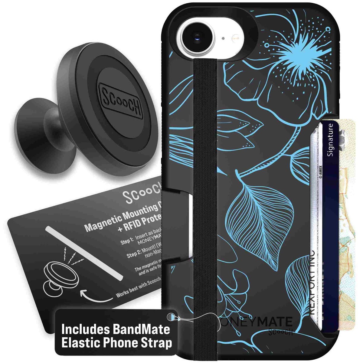 Blue Hibiscus cyan-blue tropical flower pattern on a charcoal scoochzza Moneymate case for iPhone 17e - Starter Bundle