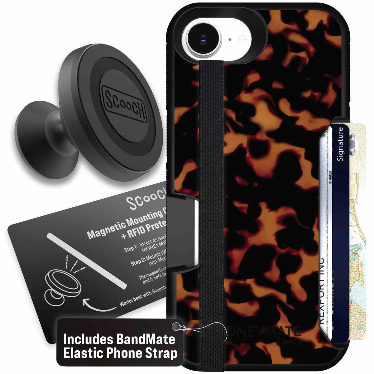Tortoise Shell amber brown and black mottled pattern on a scoochzza Moneymate case for iPhone 17e - Starter Bundle