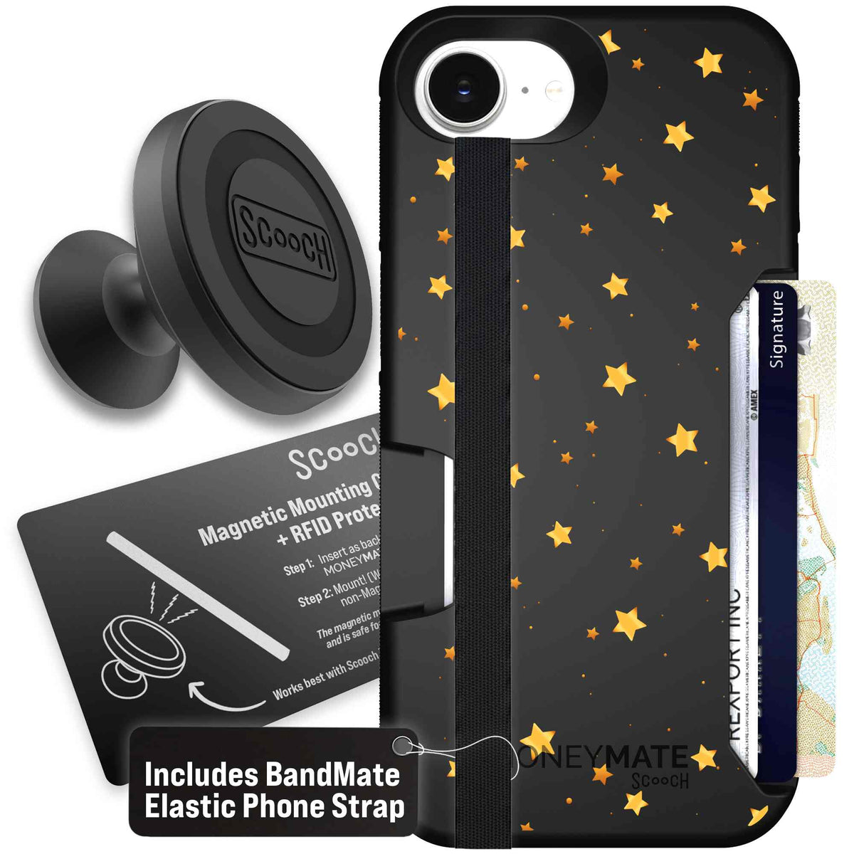 Gold Stars yellow and gold star pattern on a charcoal scoochzza Moneymate case for iPhone 17e - Starter Bundle