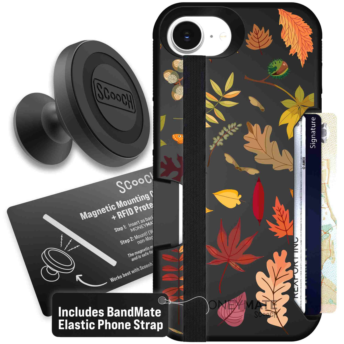 Autumn Leaves multicolored fall foliage pattern on a charcoal scoochzza Moneymate case for iPhone 17e - Starter Bundle