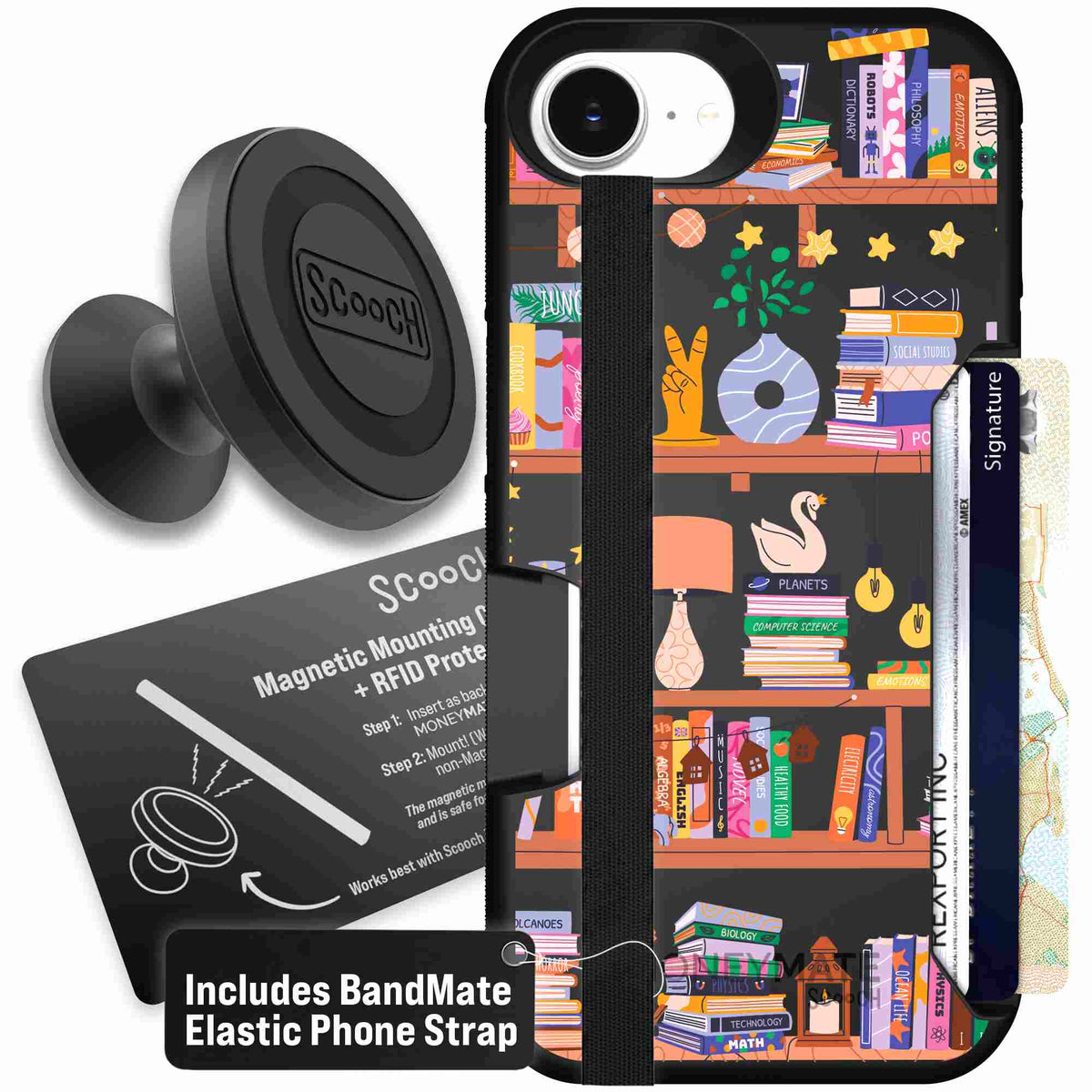 Little Library colorful book and bookshelf pattern on a scoochzza Moneymate case for iPhone 17e - Starter Bundle