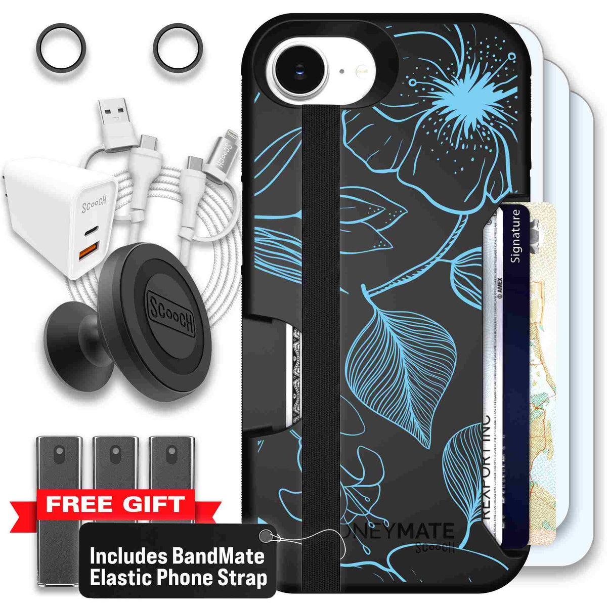 Blue Hibiscus cyan-blue tropical flower pattern on a charcoal scoochzza Moneymate case for iPhone 17e - Ultimate Bundle