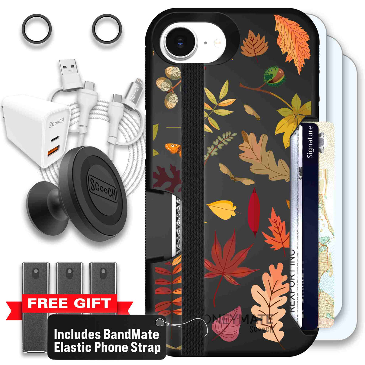 Autumn Leaves multicolored fall foliage pattern on a charcoal scoochzza Moneymate case for iPhone 17e - Ultimate Bundle