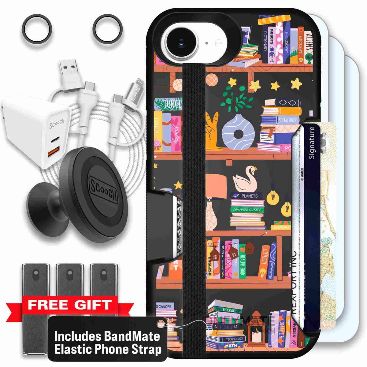 Little Library colorful book and bookshelf pattern on a scoochzza Moneymate case for iPhone 17e - Ultimate Bundle