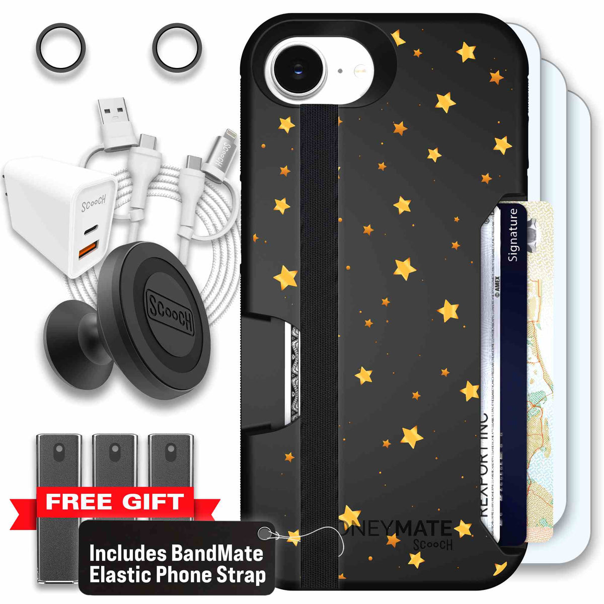 Gold Stars yellow and gold star pattern on a charcoal scoochzza Moneymate case for iPhone 17e - Ultimate Bundle