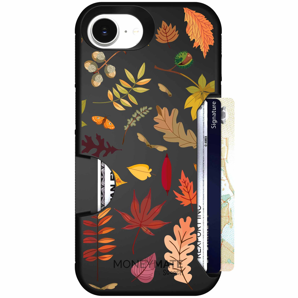 Autumn Leaves multicolored fall foliage pattern on a charcoal scoochzza Moneymate case for iPhone 17e