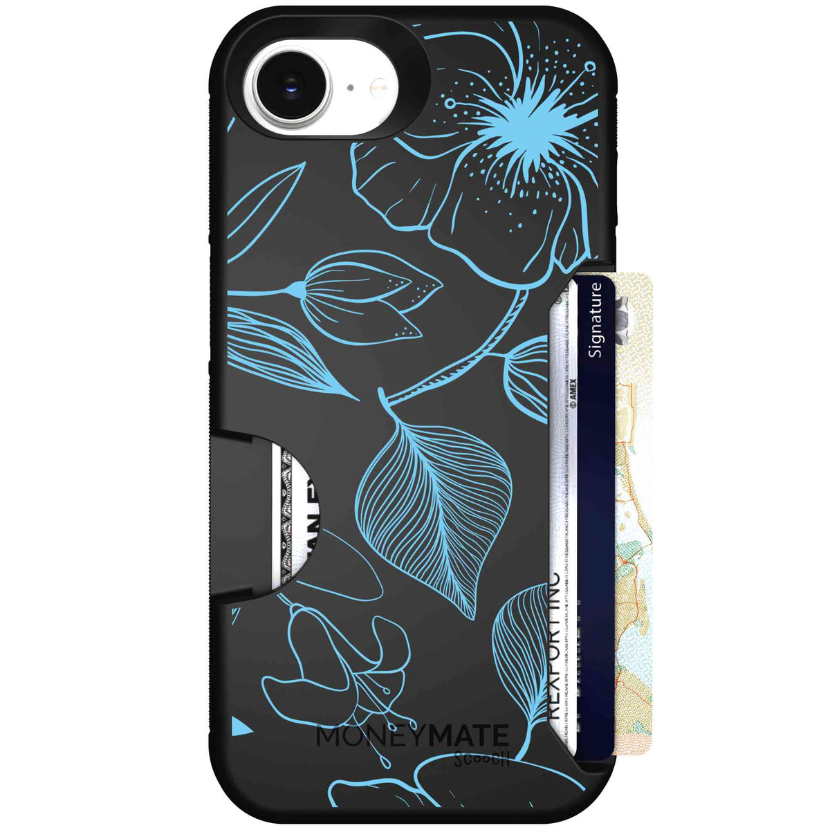 Blue Hibiscus cyan-blue tropical flower pattern on a charcoal scoochzza Moneymate case for iPhone 17e