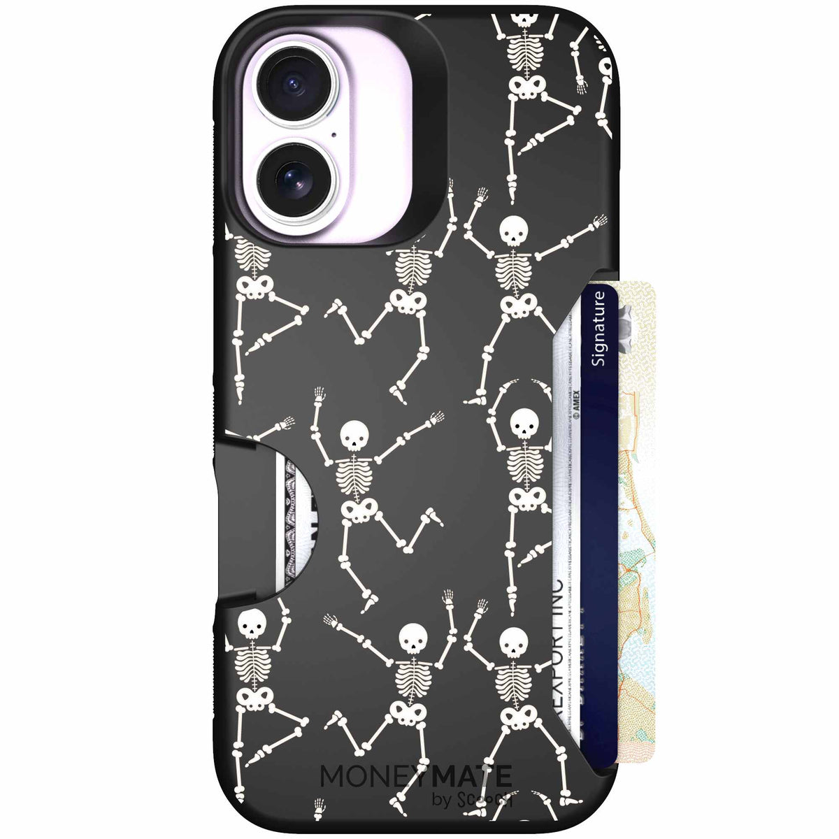 Swinging Skeletons white dancing skeleton pattern on a black scoochzza Moneymate case for iPhone 17
