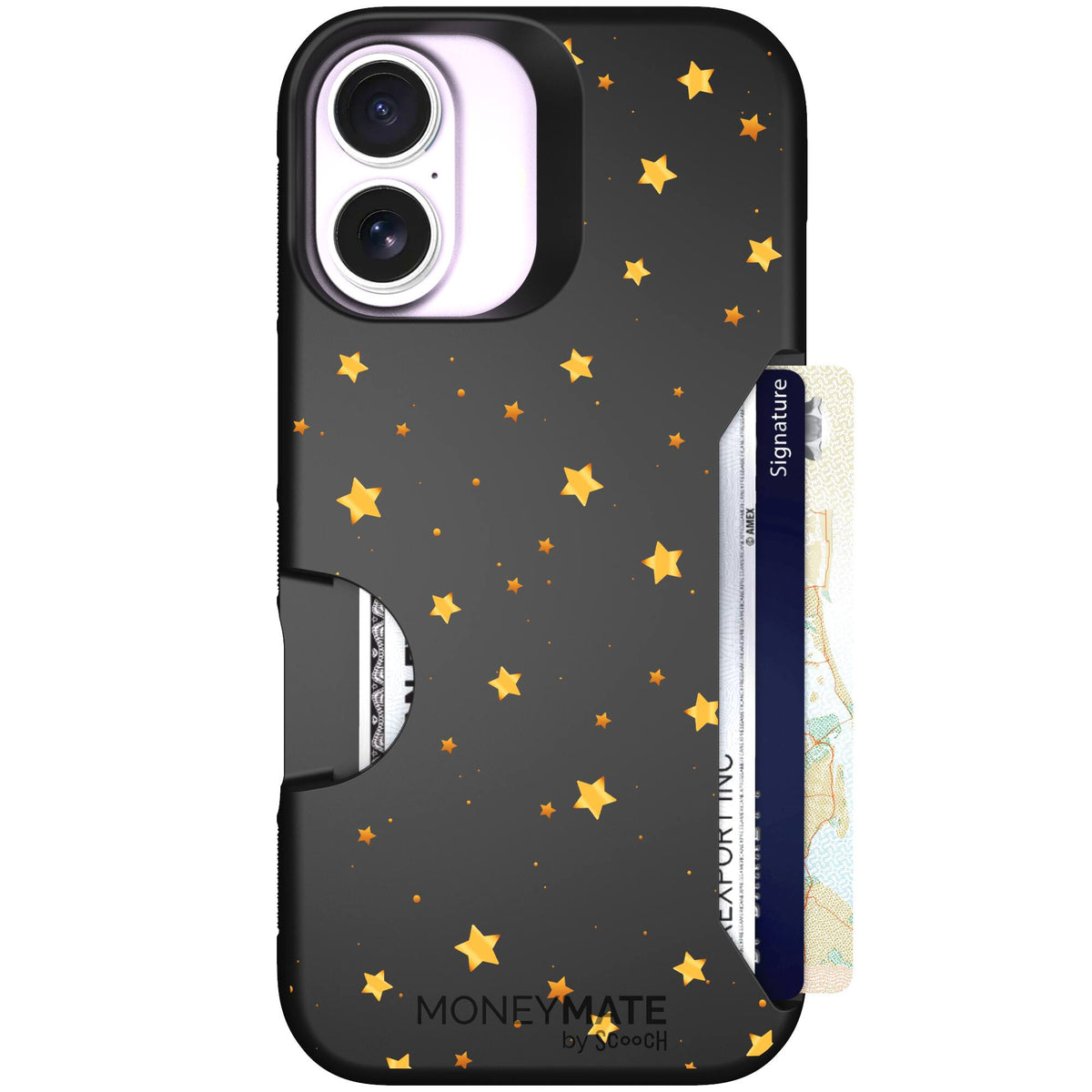 Gold Stars yellow and gold star pattern on a charcoal scoochzza Moneymate case for iPhone 17