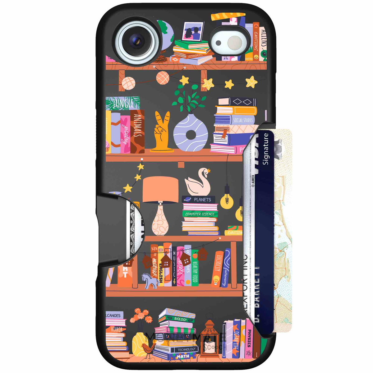 Little Library colorful book and bookshelf pattern on a scoochzza Moneymate case for iPhone Air