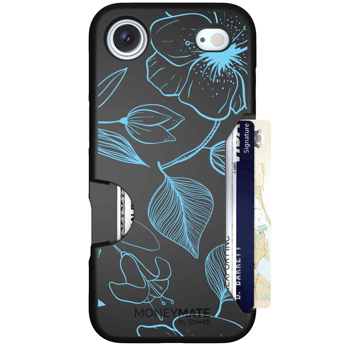 Blue Hibiscus cyan-blue tropical flower pattern on a charcoal scoochzza Moneymate case for iPhone Air