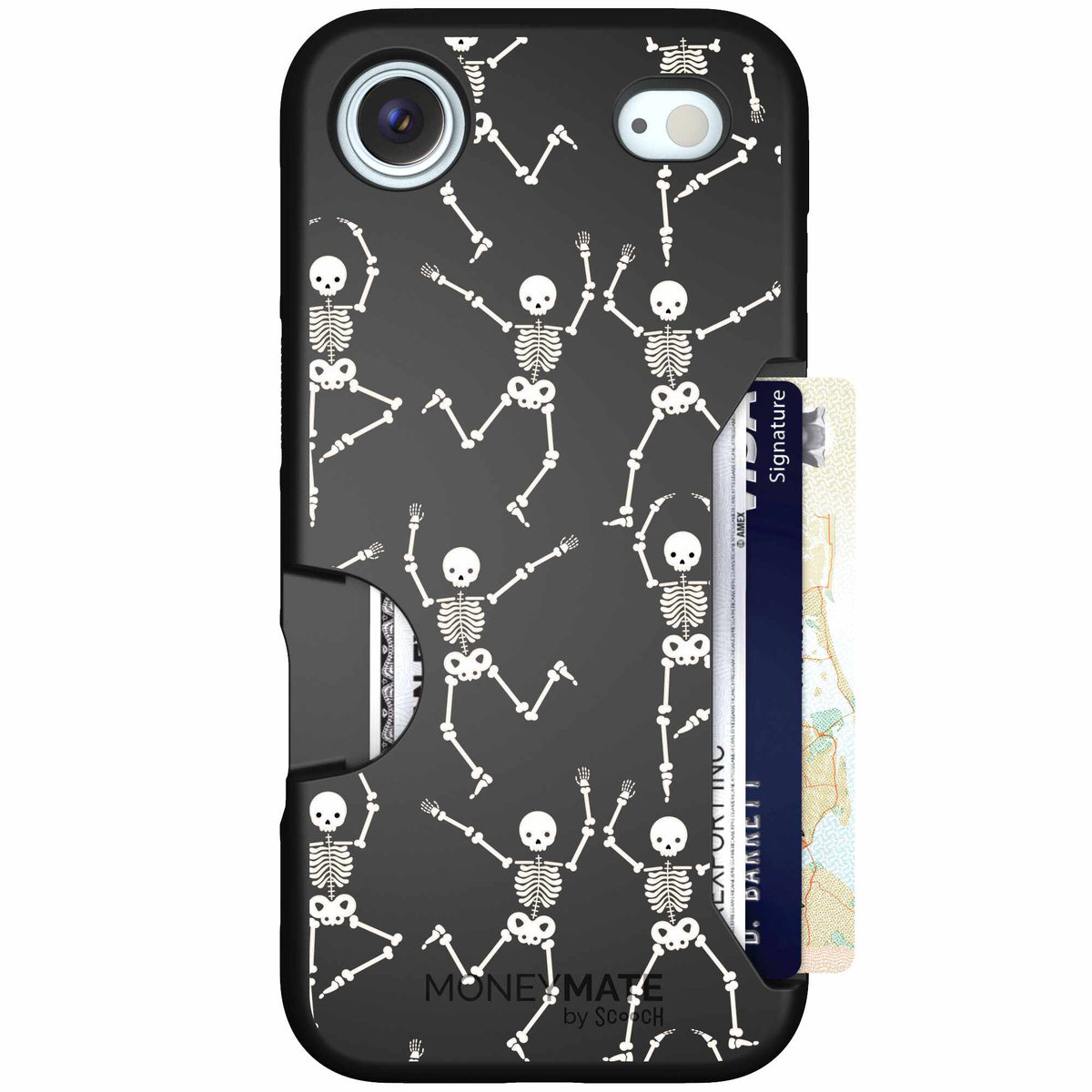 Swinging Skeletons white dancing skeleton pattern on a black scoochzza Moneymate case for iPhone Air