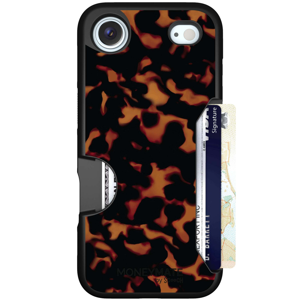 Tortoise Shell amber brown and black mottled pattern on a scoochzza Moneymate case for iPhone Air