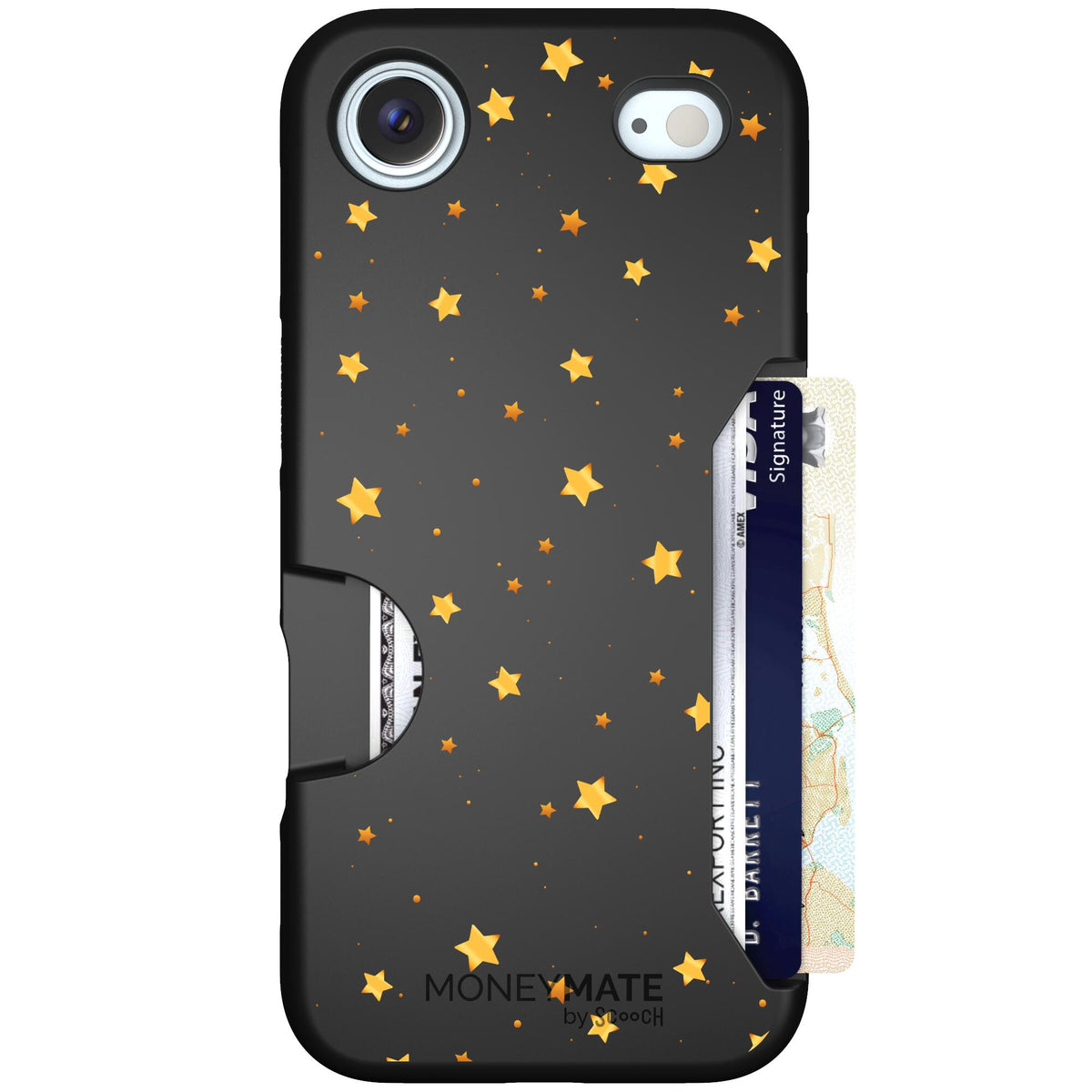 Gold Stars yellow and gold star pattern on a charcoal scoochzza Moneymate case for iPhone Air