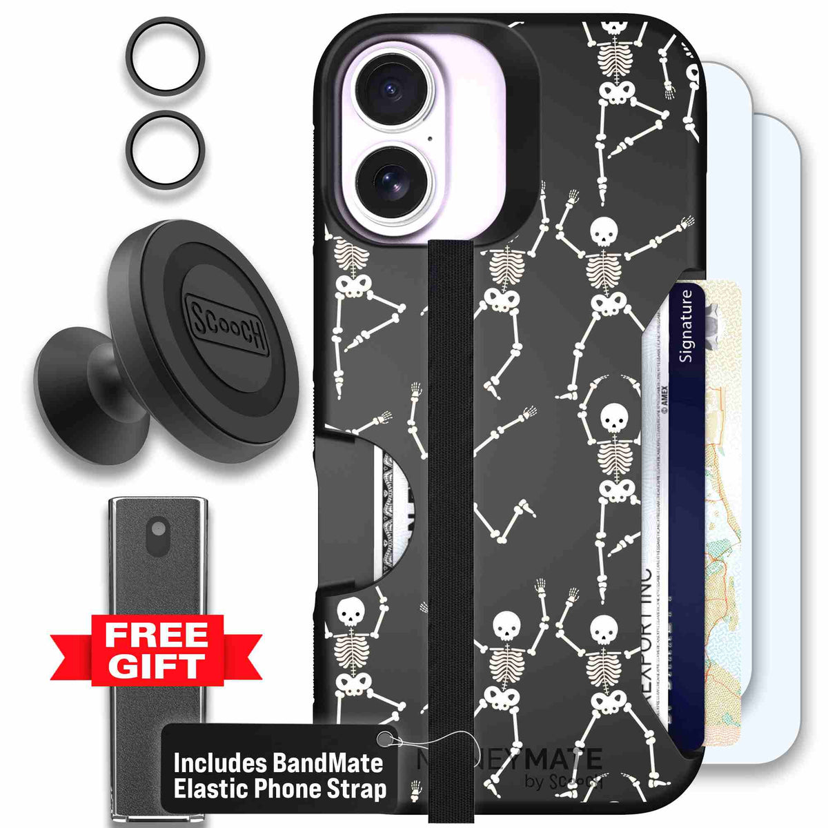 Swinging Skeletons white dancing skeleton pattern on a black scoochzza Moneymate case for iPhone 17 - Defender Bundle