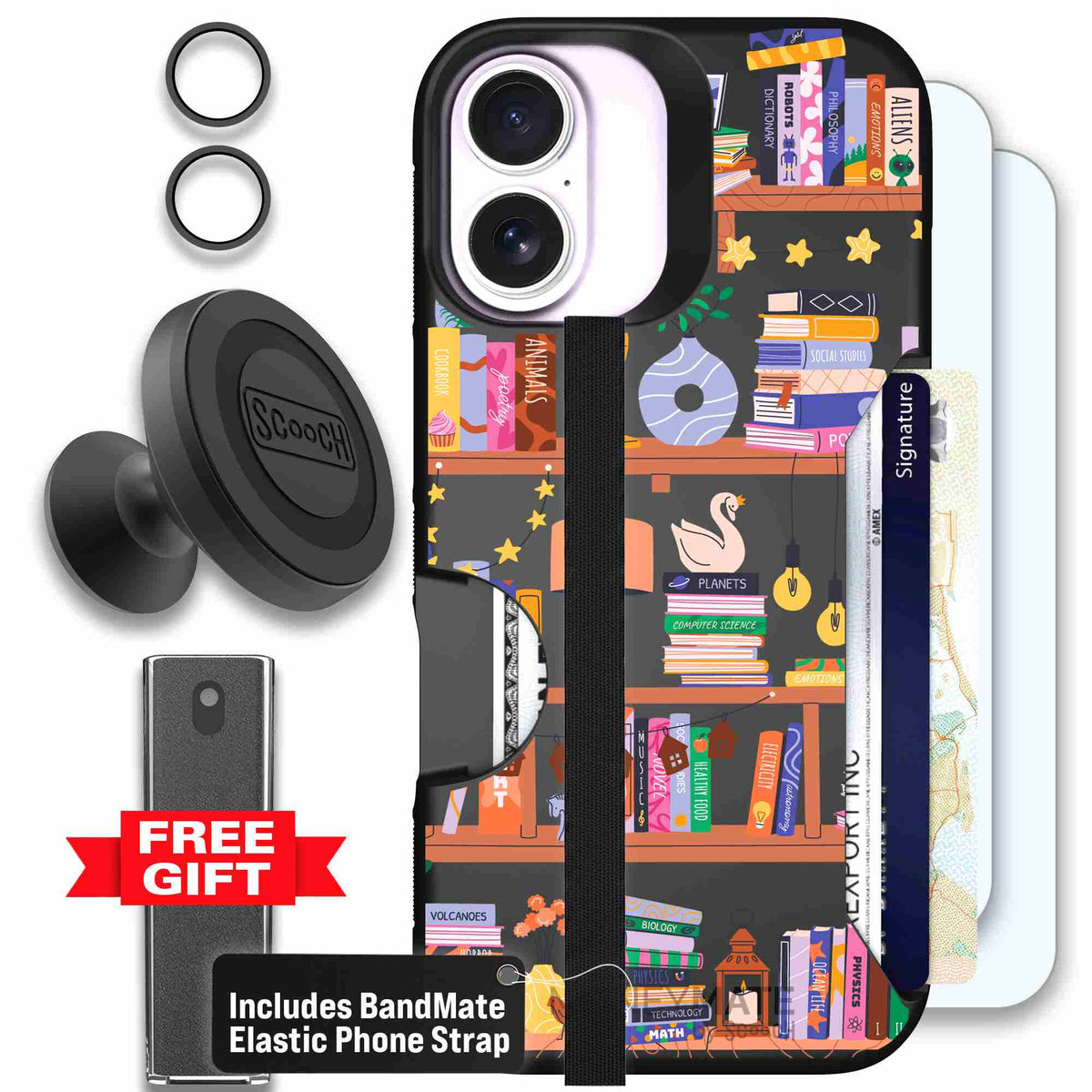 Little Library colorful book and bookshelf pattern on a scoochzza Moneymate case for iPhone 17 - Defender Bundle