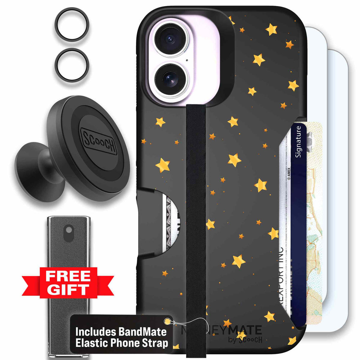 Gold Stars yellow and gold star pattern on a charcoal scoochzza Moneymate case for iPhone 17 - Defender Bundle
