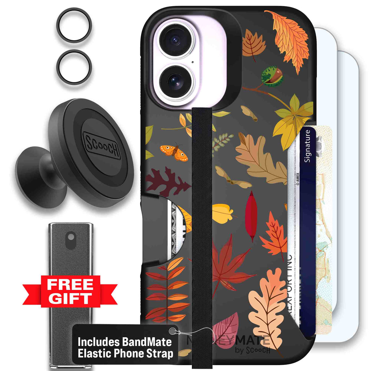 Autumn Leaves multicolored fall foliage pattern on a charcoal scoochzza Moneymate case for iPhone 17 - Defender Bundle