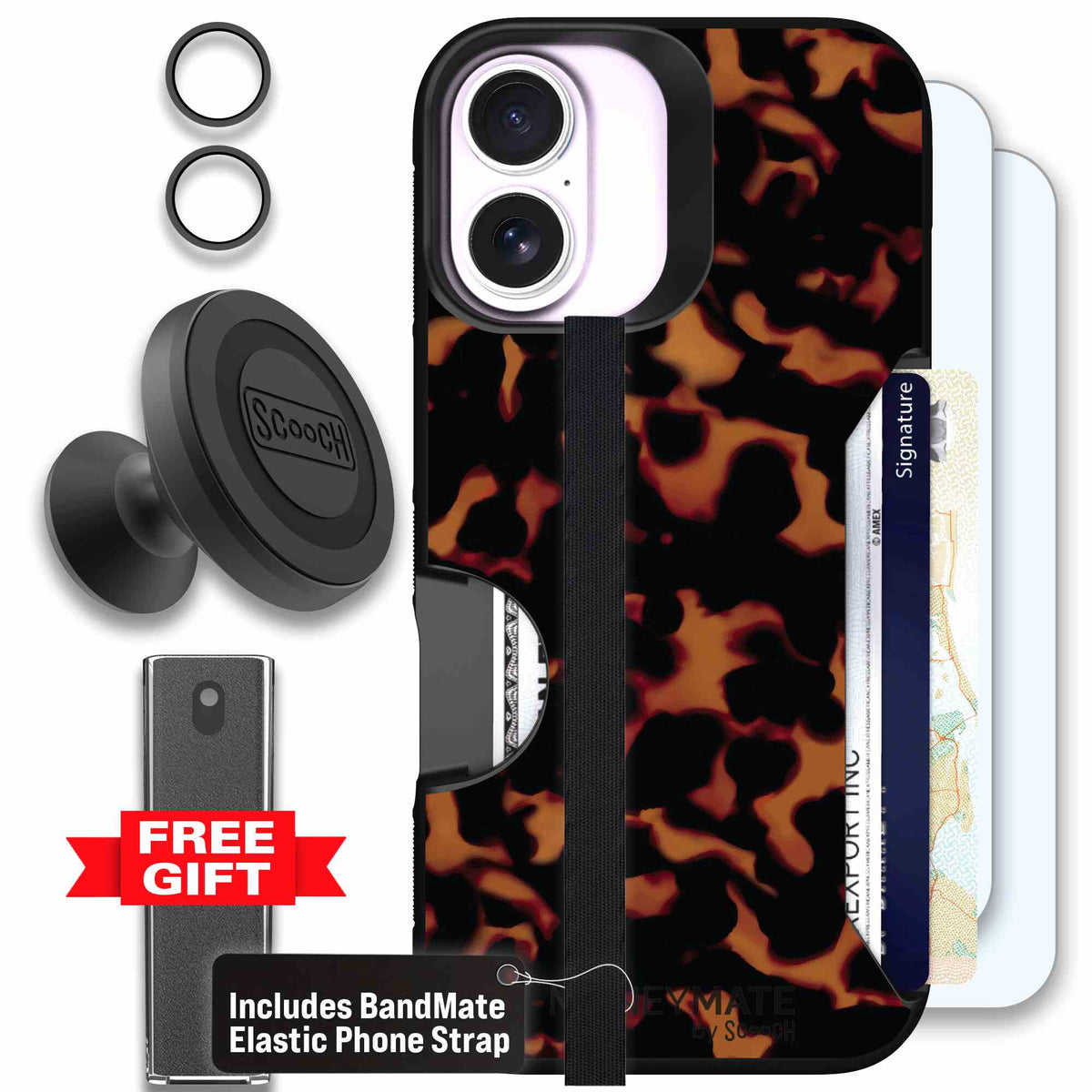 Tortoise Shell amber brown and black mottled pattern on a scoochzza Moneymate case for iPhone 17 - Defender Bundle