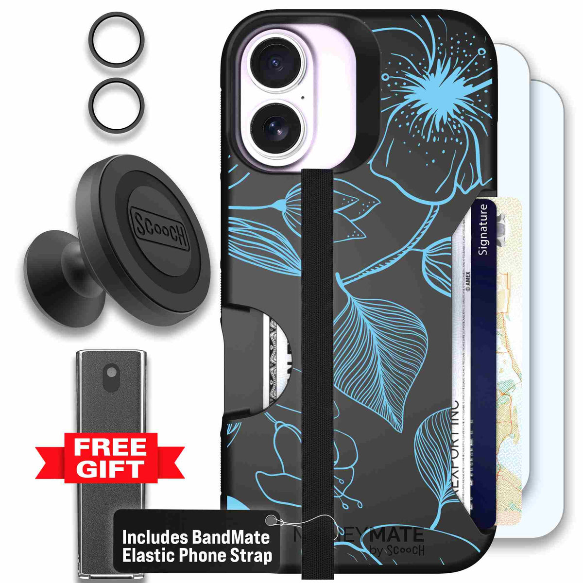 Blue Hibiscus cyan-blue tropical flower pattern on a charcoal scoochzza Moneymate case for iPhone 17 - Defender Bundle