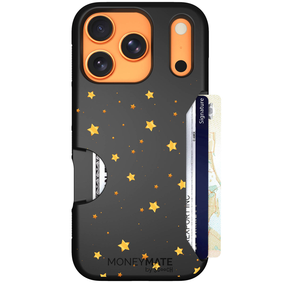 Gold Stars yellow and gold star pattern on a charcoal scoochzza Moneymate case for iPhone 17 Pro