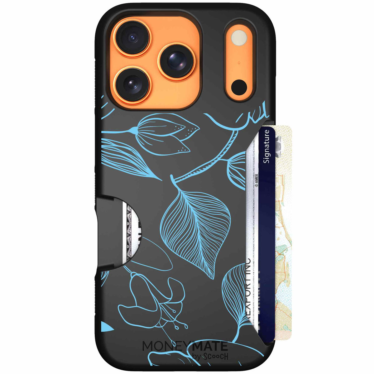 Blue Hibiscus cyan-blue tropical flower pattern on a charcoal scoochzza Moneymate case for iPhone 17 Pro