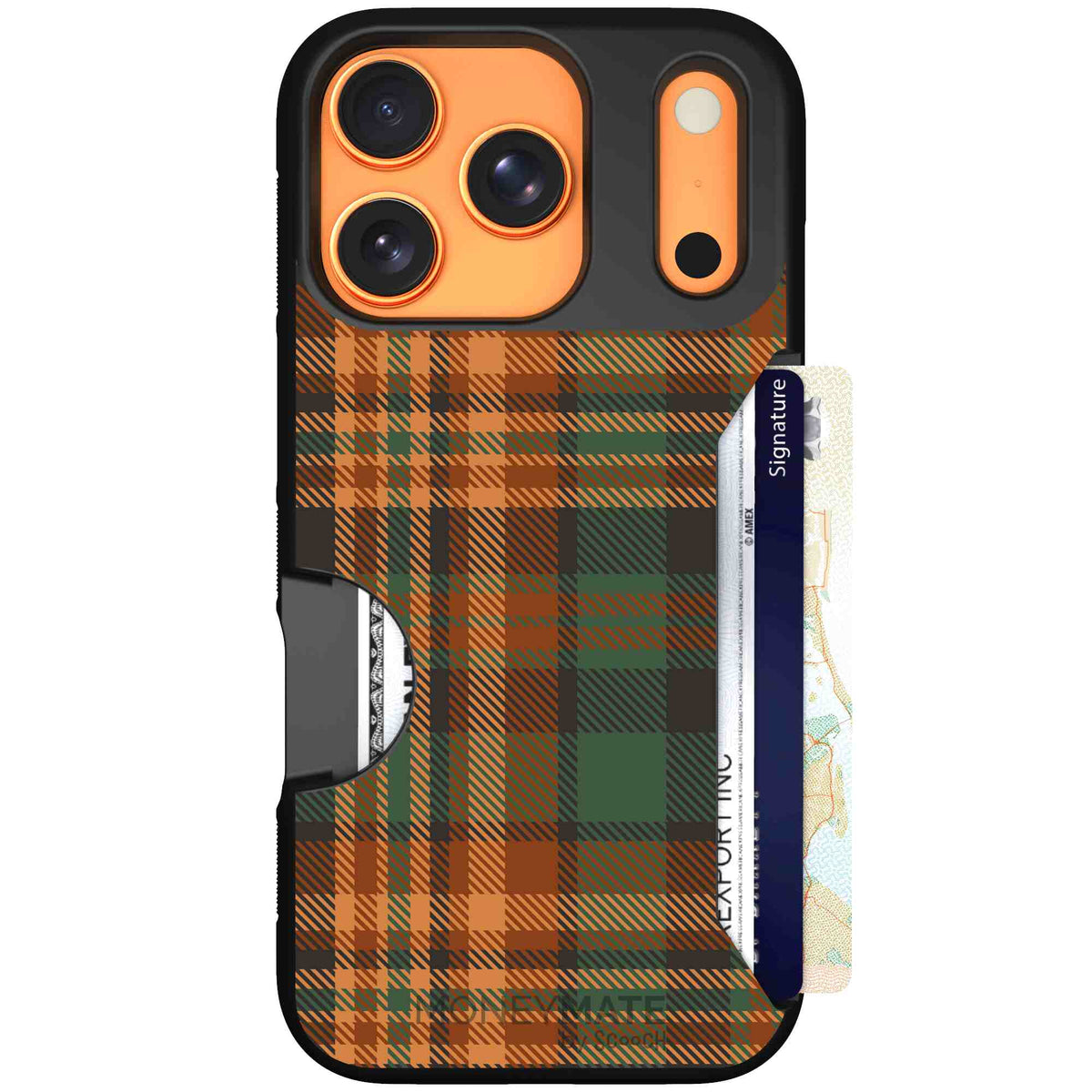 Fall Flannel orange and brown plaid pattern on a scoochzza Moneymate case for iPhone 17 Pro