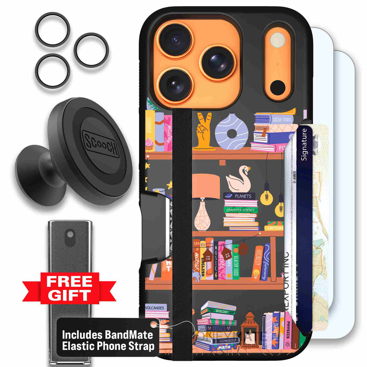 Little Library colorful book and bookshelf pattern on a scoochzza Moneymate case for iPhone 17 Pro - Defender Bundle