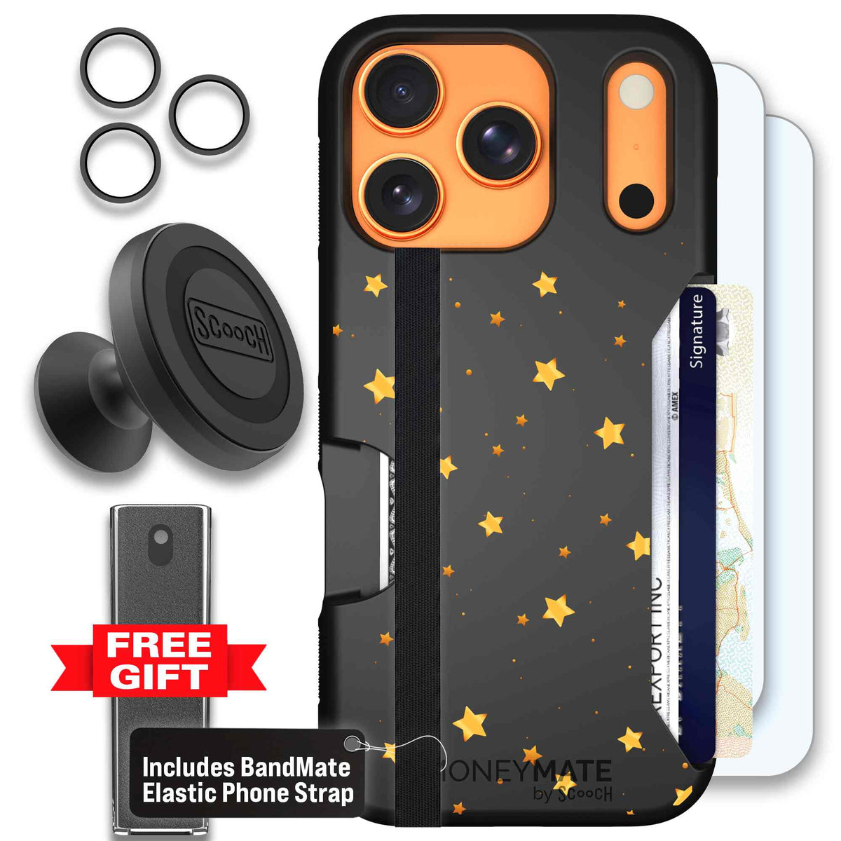 Gold Stars yellow and gold star pattern on a charcoal scoochzza Moneymate case for iPhone 17 Pro - Defender Bundle