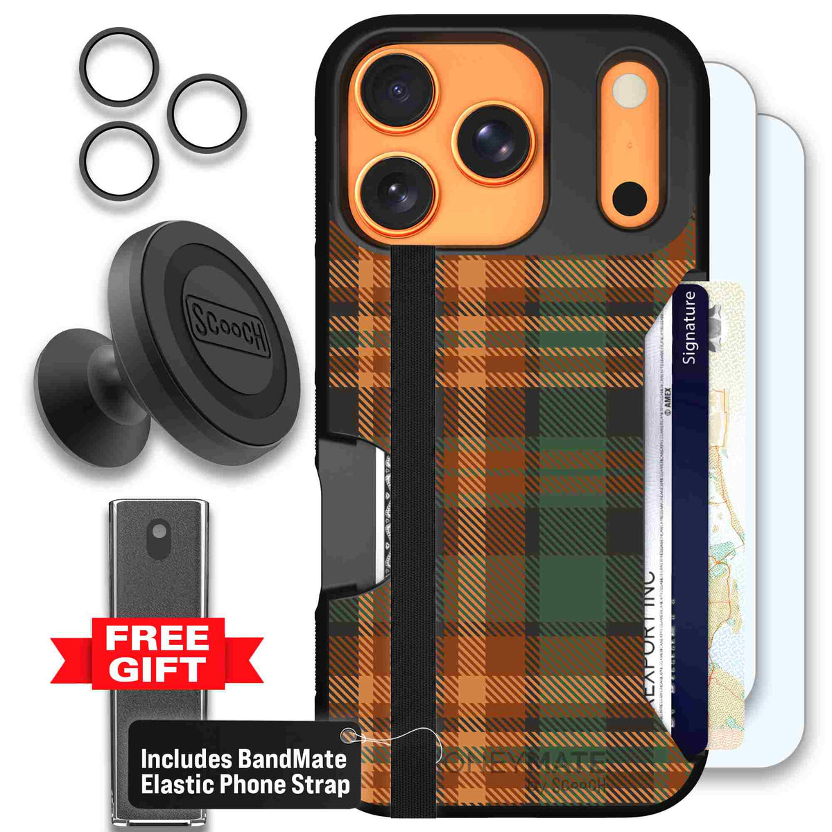Fall Flannel orange and brown plaid pattern on a scoochzza Moneymate case for iPhone 17 Pro - Defender Bundle