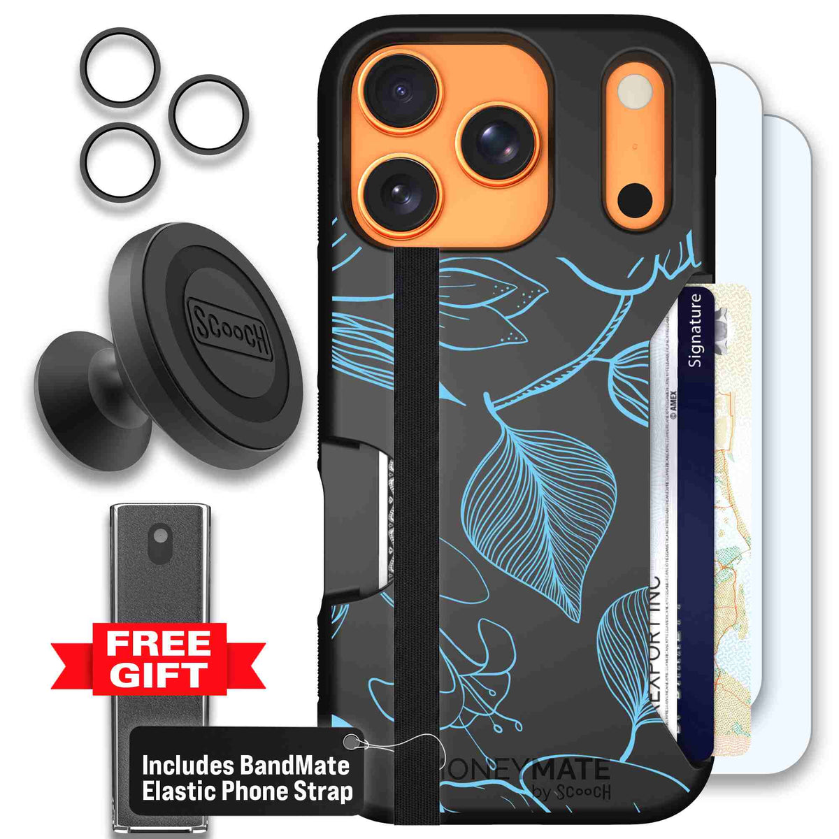 Blue Hibiscus cyan-blue tropical flower pattern on a charcoal scoochzza Moneymate case for iPhone 17 Pro - Defender Bundle