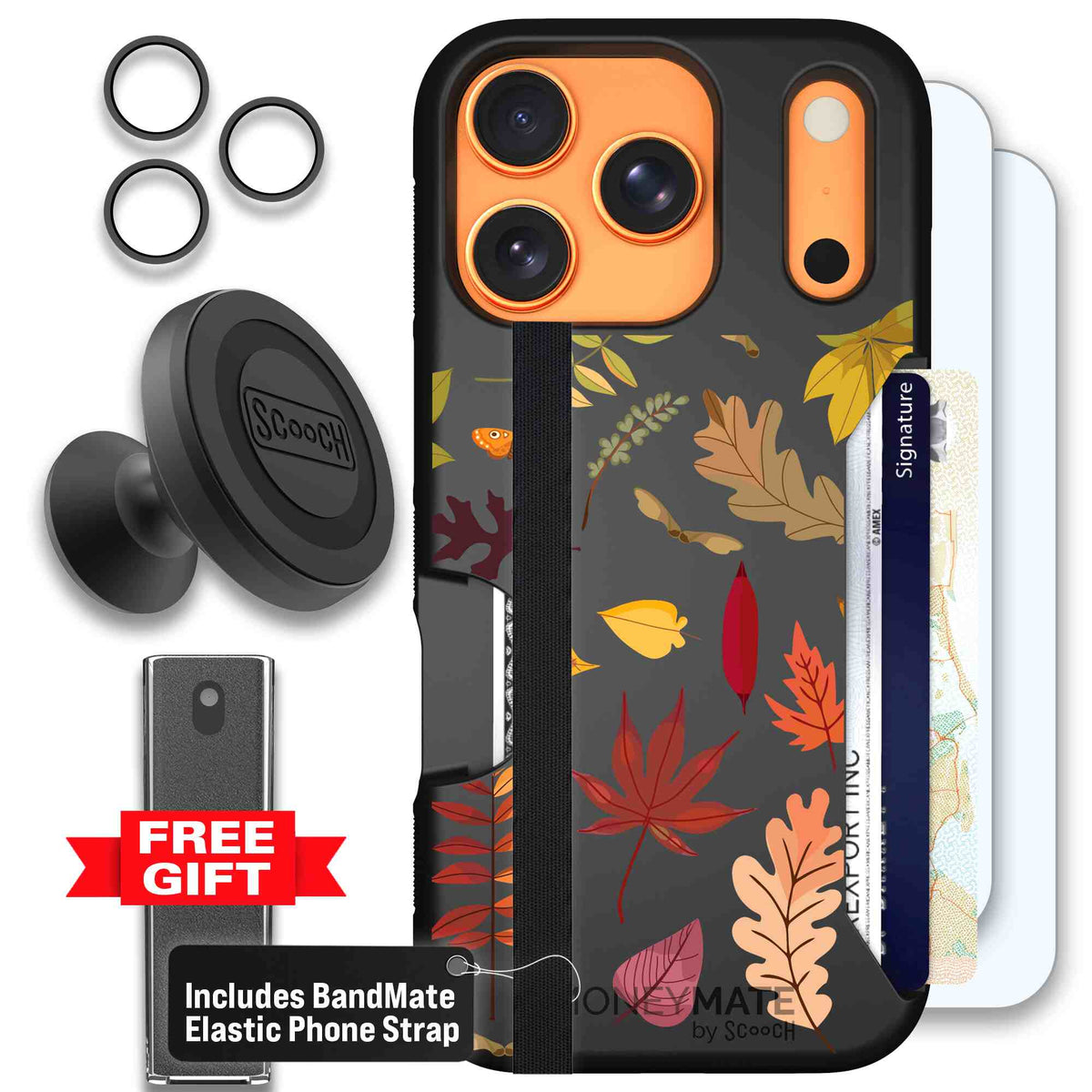 Autumn Leaves multicolored fall foliage pattern on a charcoal scoochzza Moneymate case for iPhone 17 Pro - Defender Bundle