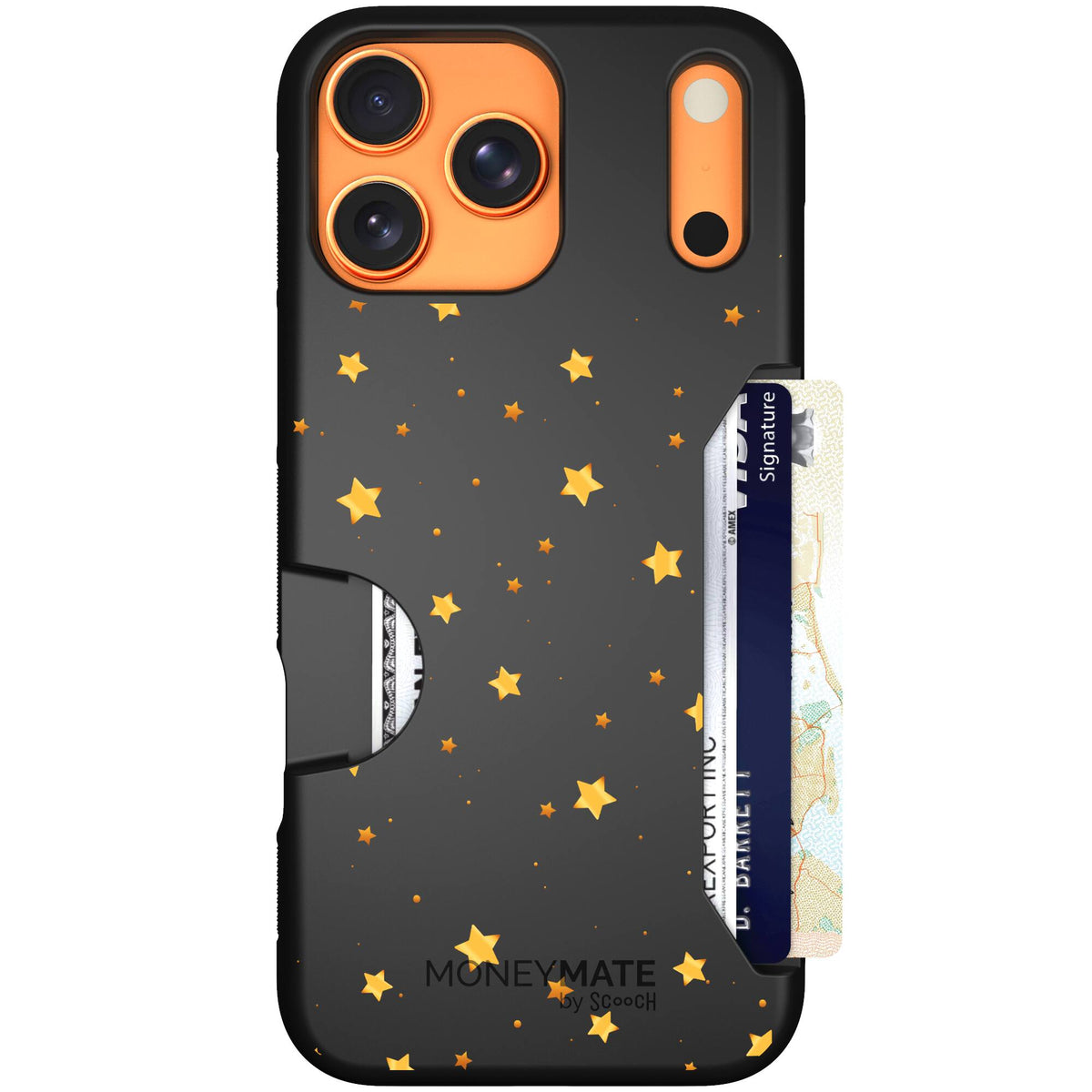 Gold Stars yellow and gold star pattern on a charcoal scoochzza Moneymate case for iPhone 17 Pro Max