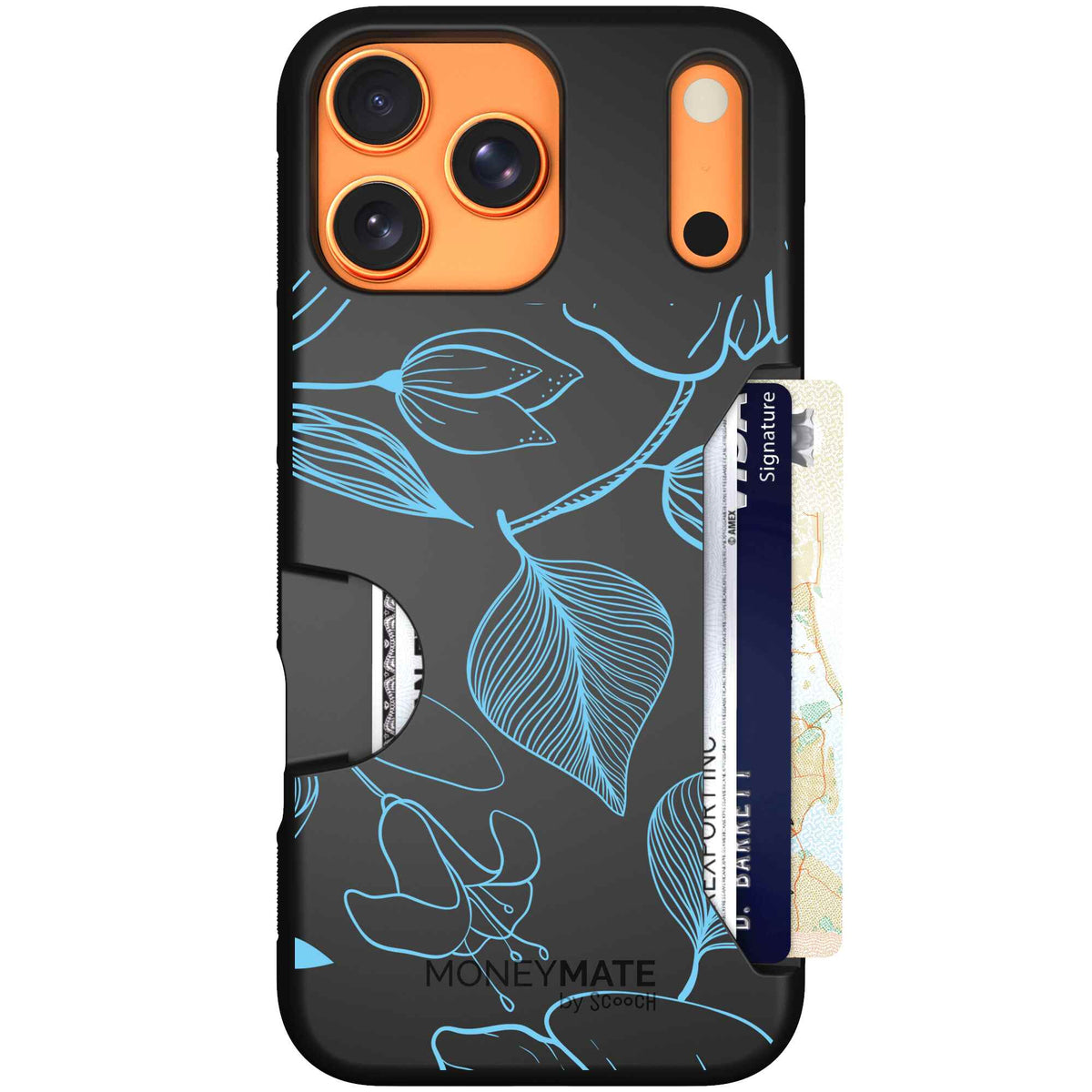 Blue Hibiscus cyan-blue tropical flower pattern on a charcoal scoochzza Moneymate case for iPhone 17 Pro Max