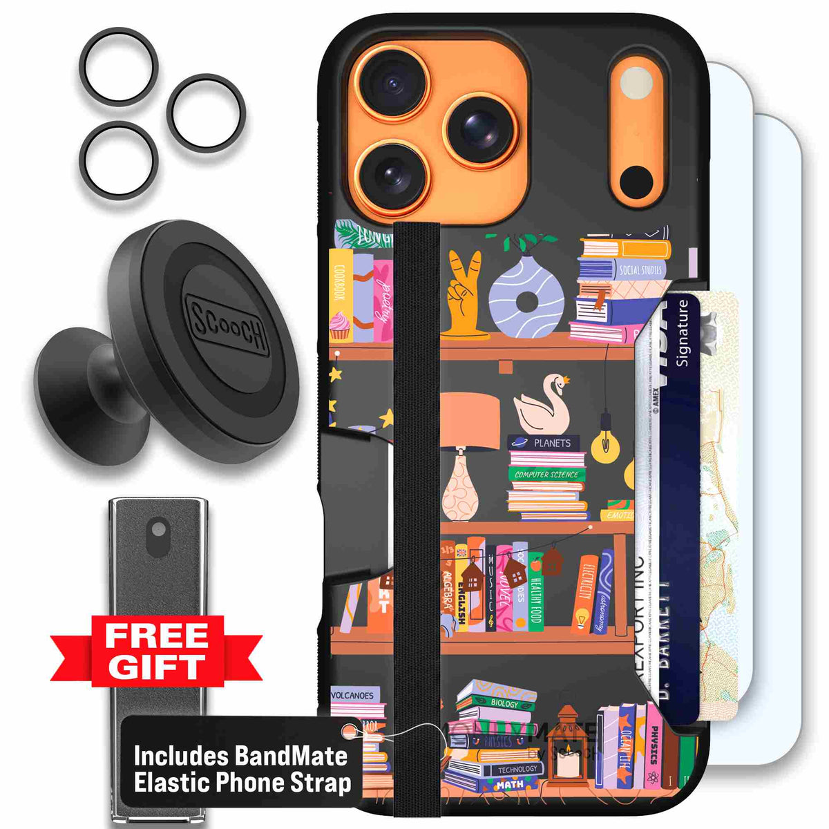 Little Library colorful book and bookshelf pattern on a scoochzza Moneymate case for iPhone 17 Pro Max - Defender Bundle