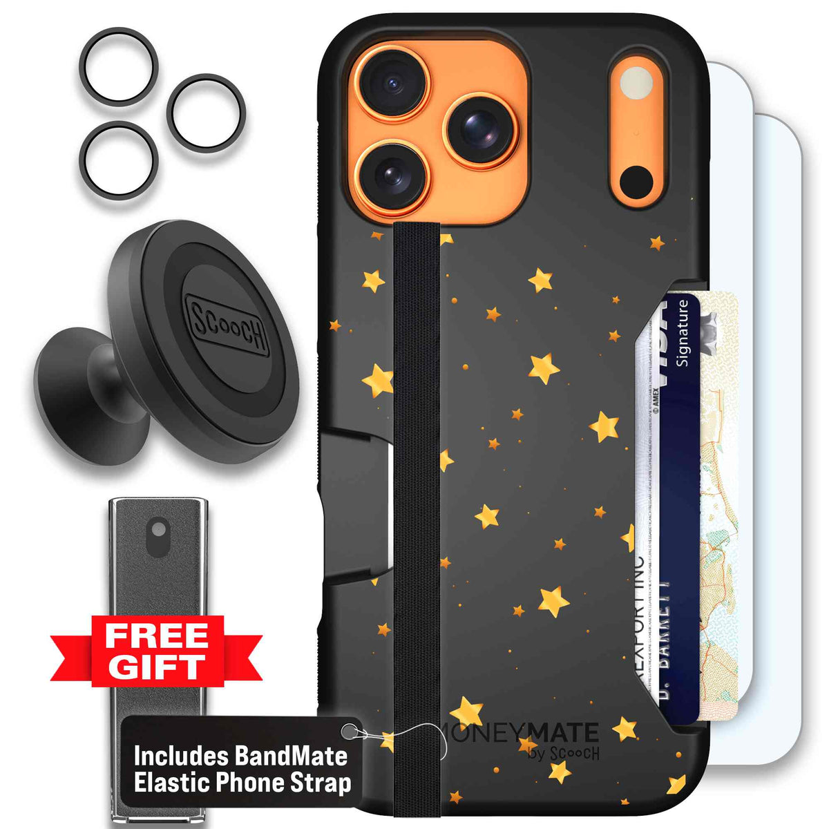 Gold Stars yellow and gold star pattern on a charcoal scoochzza Moneymate case for iPhone 17 Pro Max - Defender Bundle