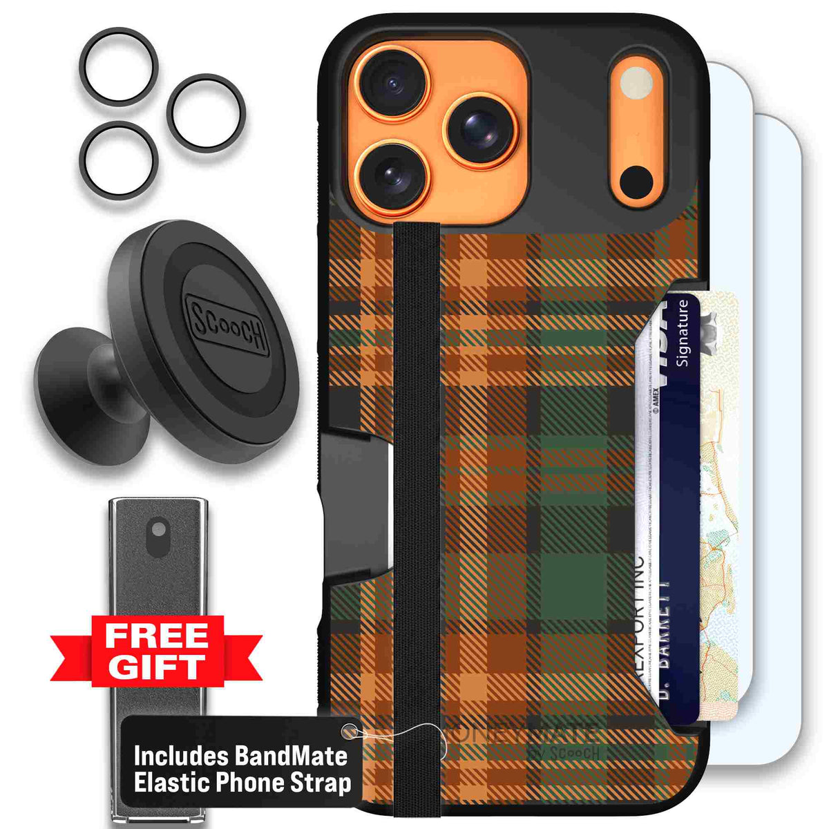 Fall Flannel orange and brown plaid pattern on a scoochzza Moneymate case for iPhone 17 Pro Max - Defender Bundle