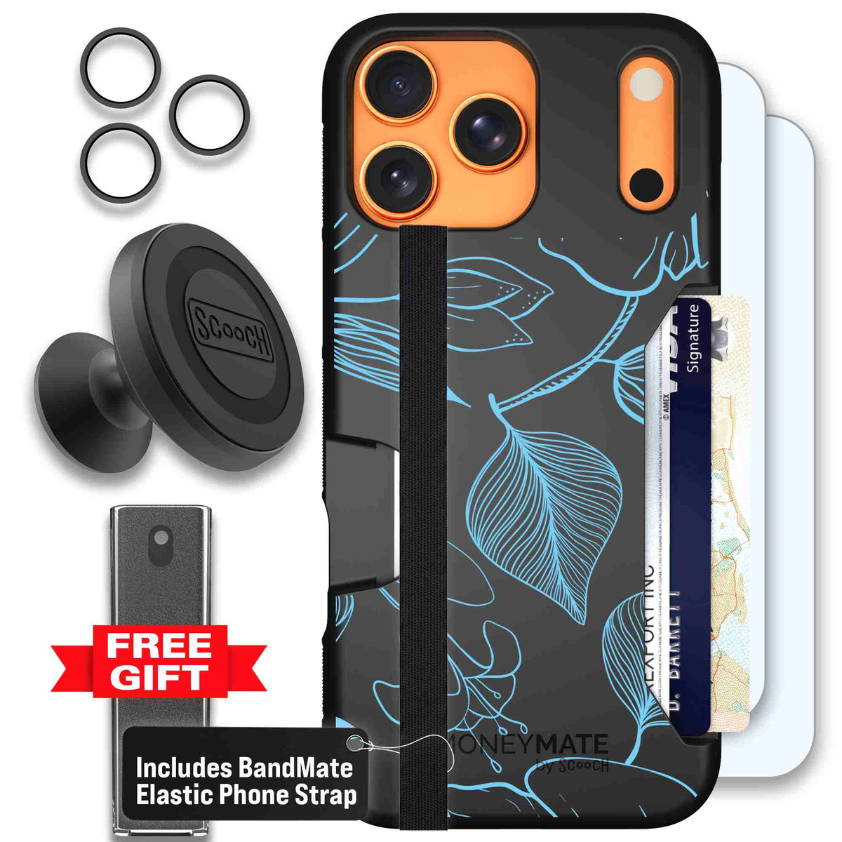 Blue Hibiscus cyan-blue tropical flower pattern on a charcoal scoochzza Moneymate case for iPhone 17 Pro Max - Defender Bundle
