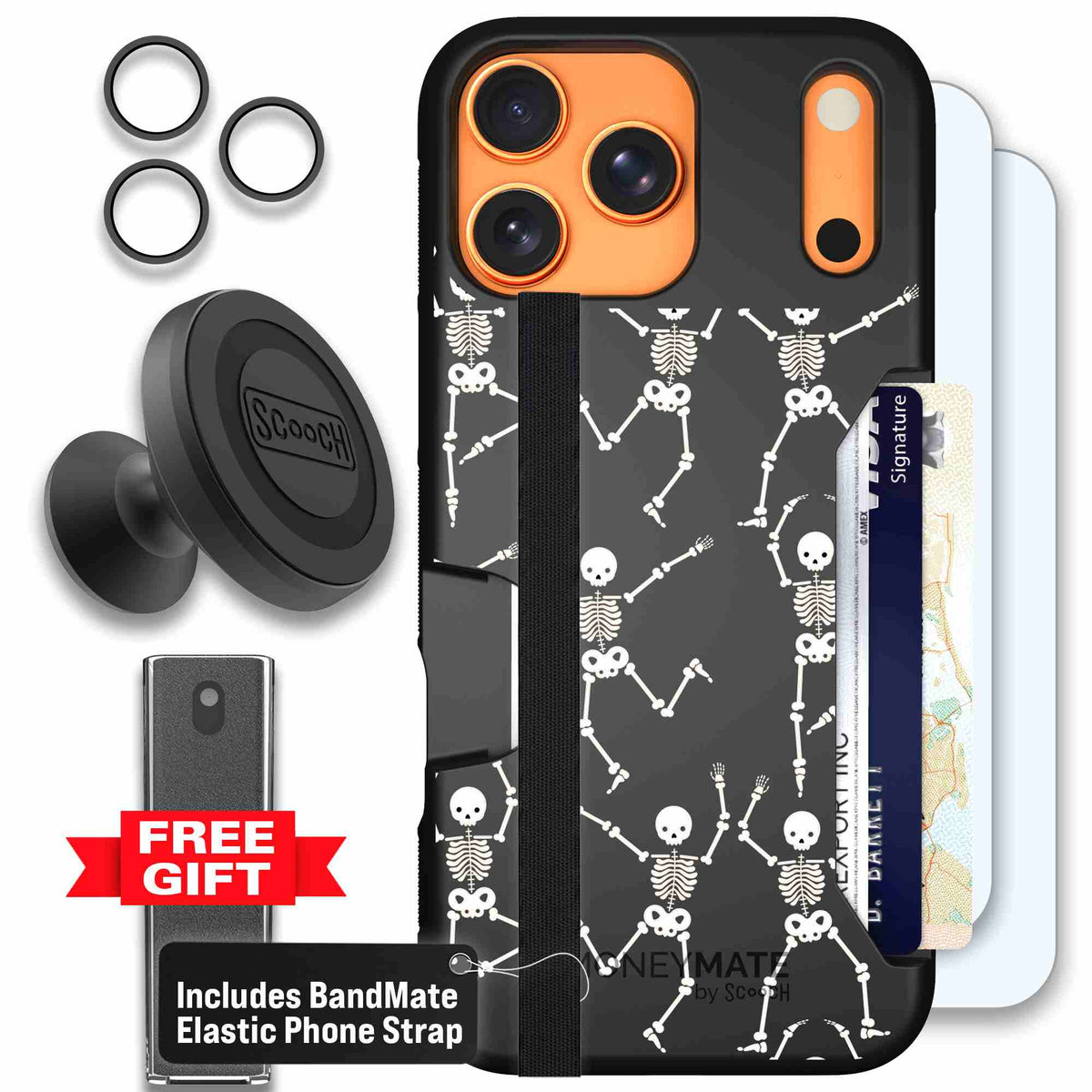 Swinging Skeletons white dancing skeleton pattern on a black scoochzza Moneymate case for iPhone 17 Pro Max - Defender Bundle