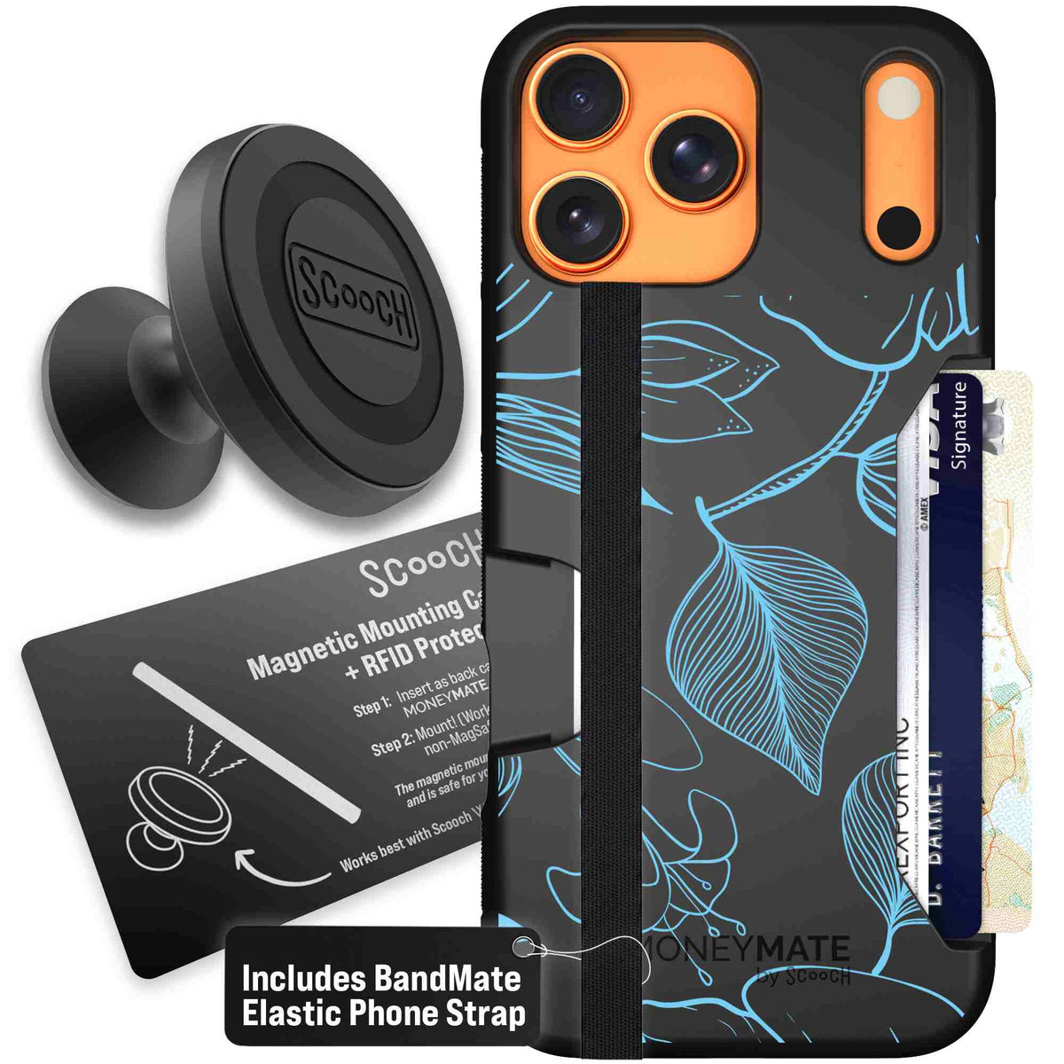 Blue Hibiscus cyan-blue tropical flower pattern on a charcoal scoochzza Moneymate case for iPhone 17 Pro Max - Starter Bundle
