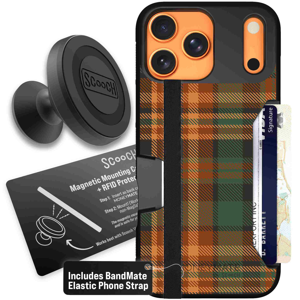 Fall Flannel orange and brown plaid pattern on a scoochzza Moneymate case for iPhone 17 Pro Max - Starter Bundle