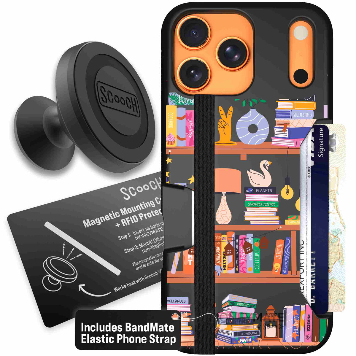 Little Library colorful book and bookshelf pattern on a scoochzza Moneymate case for iPhone 17 Pro Max - Starter Bundle