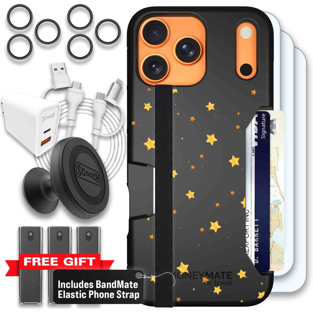 Gold Stars yellow and gold star pattern on a charcoal scoochzza Moneymate case for iPhone 17 Pro Max - Ultimate Bundle