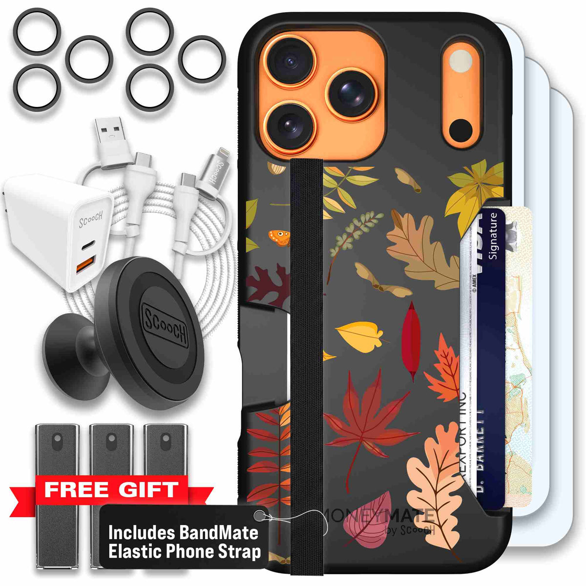 Autumn Leaves multicolored fall foliage pattern on a charcoal scoochzza Moneymate case for iPhone 17 Pro Max - Ultimate Bundle